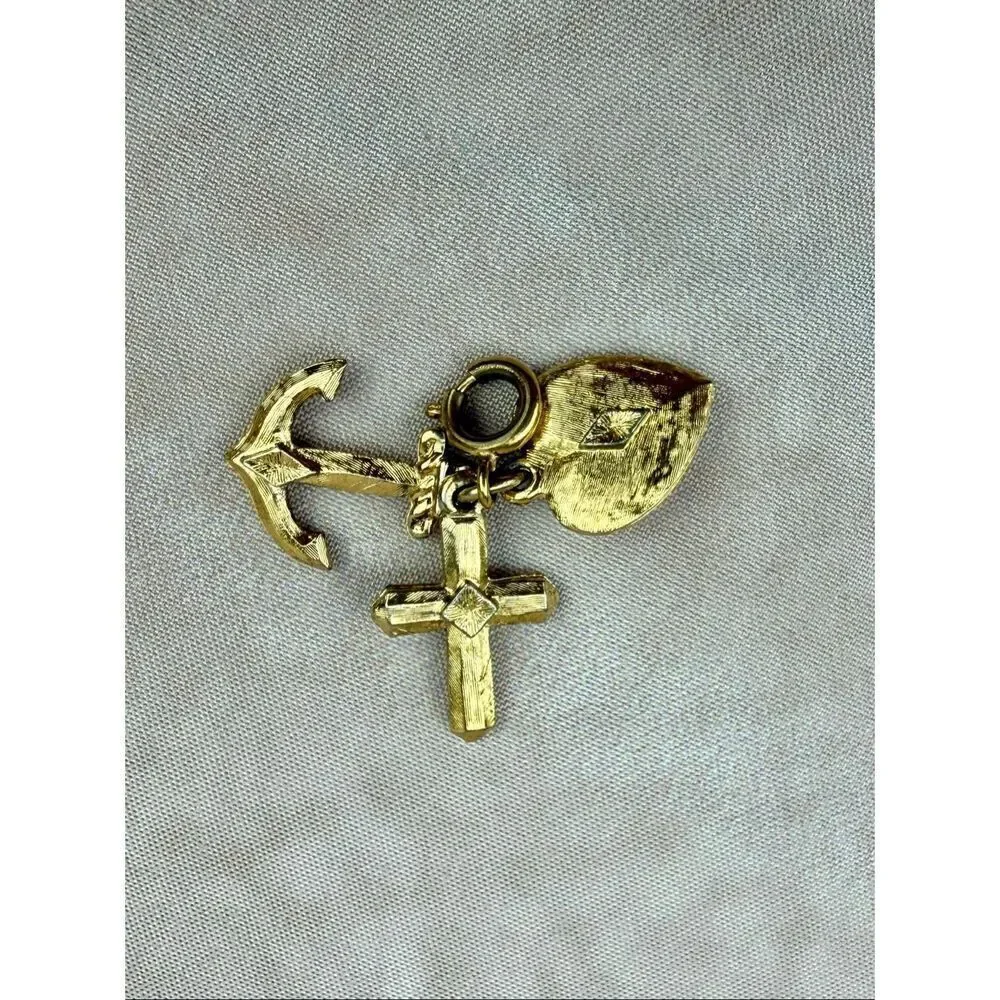 Vintage Gold Tone Faith Hope and Charity Cross Charm Pendant